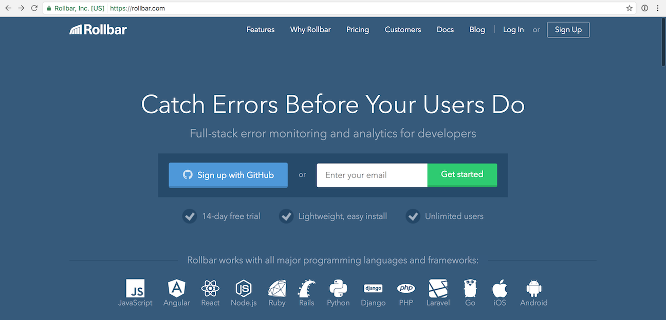 Rollbar homepage in the web browser.