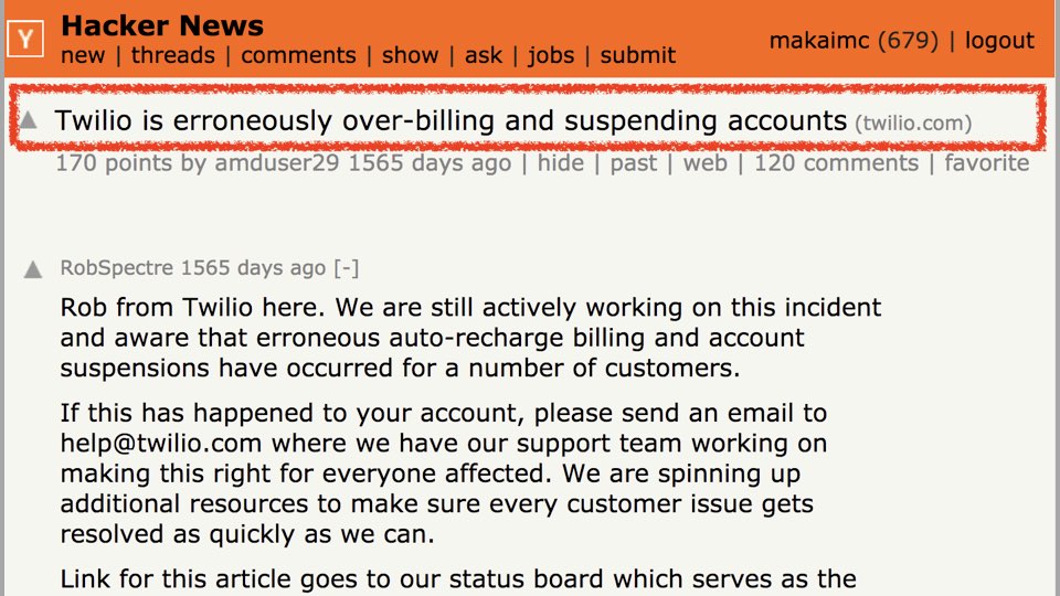 Hacker News post on Twilio not billing correctly.