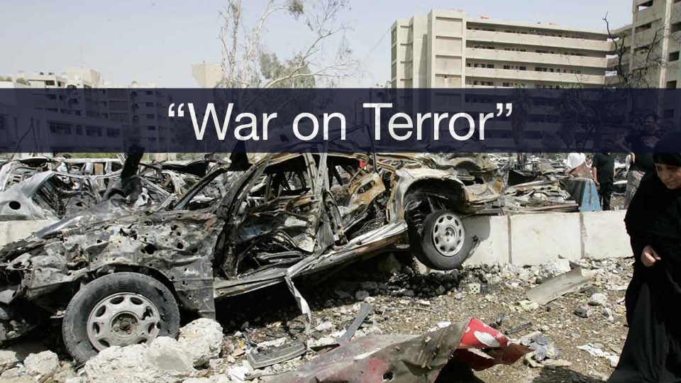 Text that reads 'War on Terror' with an exploded vehicle in the background.