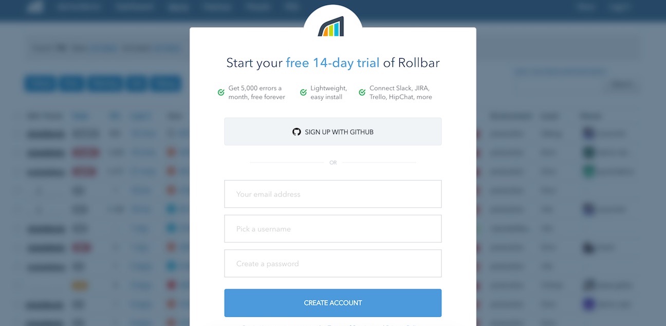 Signing up for a Rollbar account in your browser.