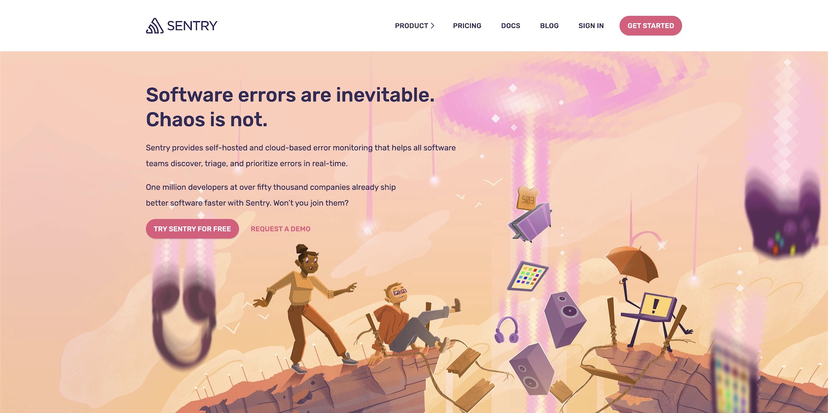 Sentry.io homepage where you can sign up for a free account.