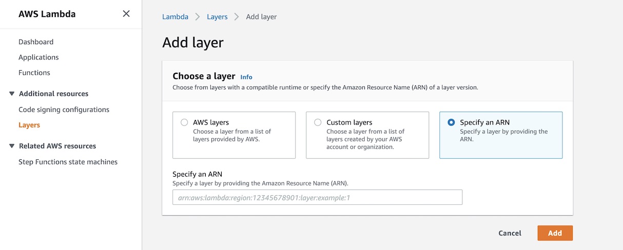 Select Specify ARN in the Add Layer screen.