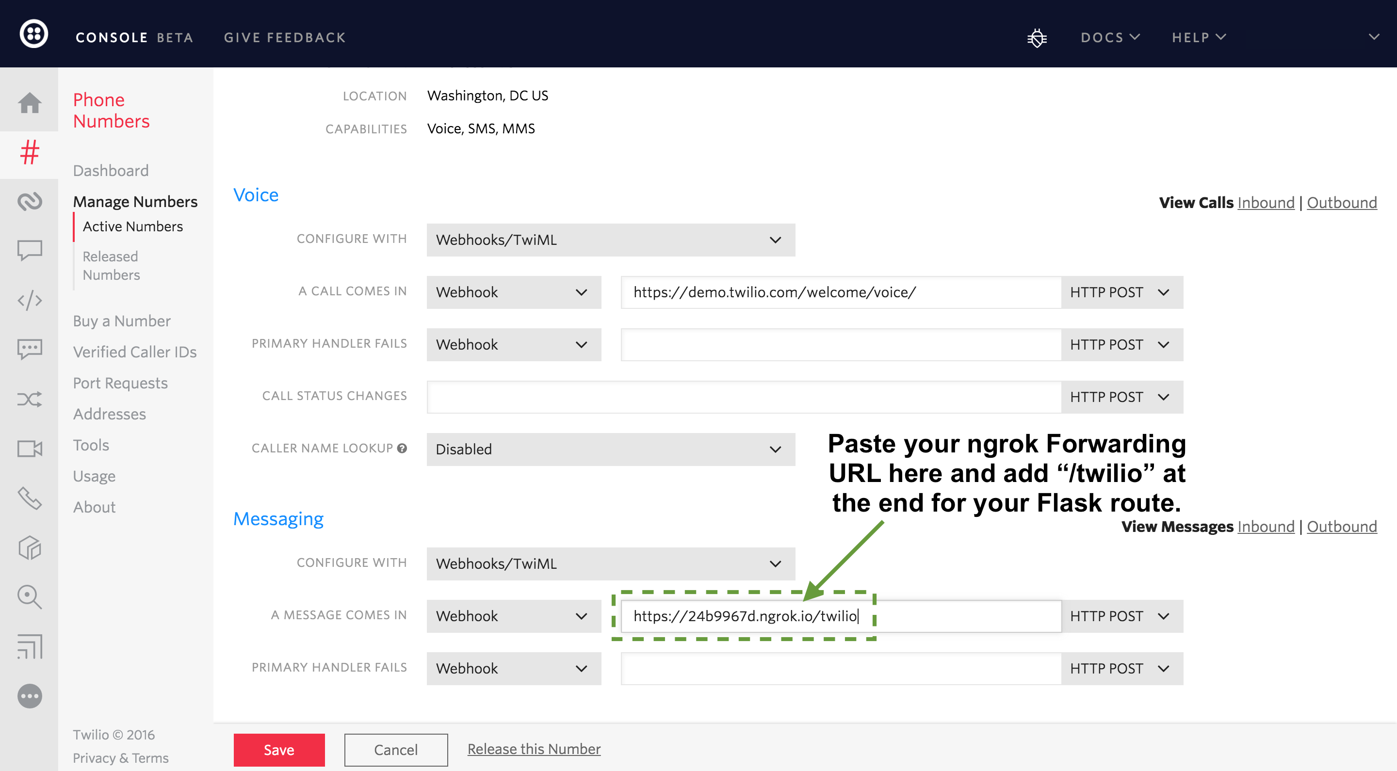 Message config. Phone numbers Python. Webhook.