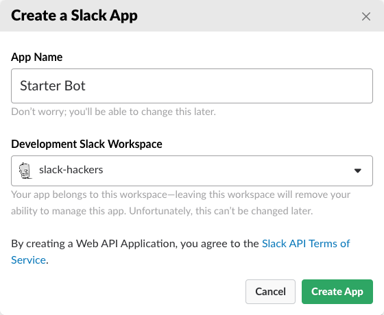 Create a Slack App form filled