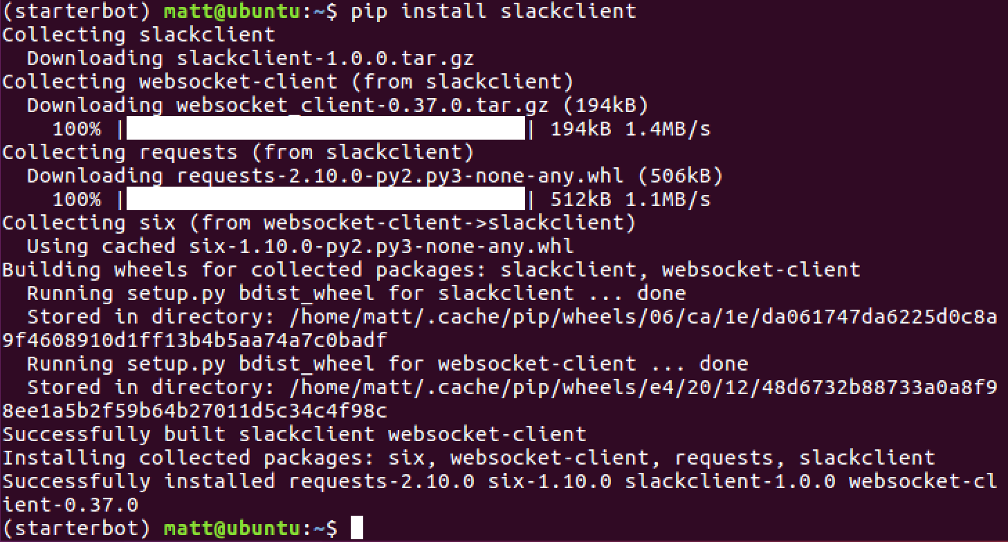 Output from using the pip install slackclient command with a virtualenv activated.