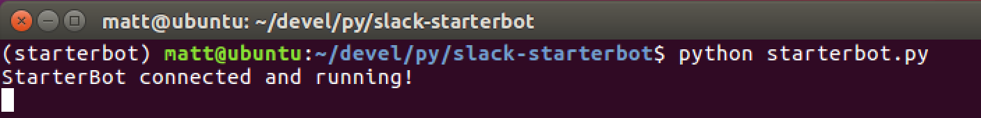 Console output when the StarterBot is running and connected to the API.