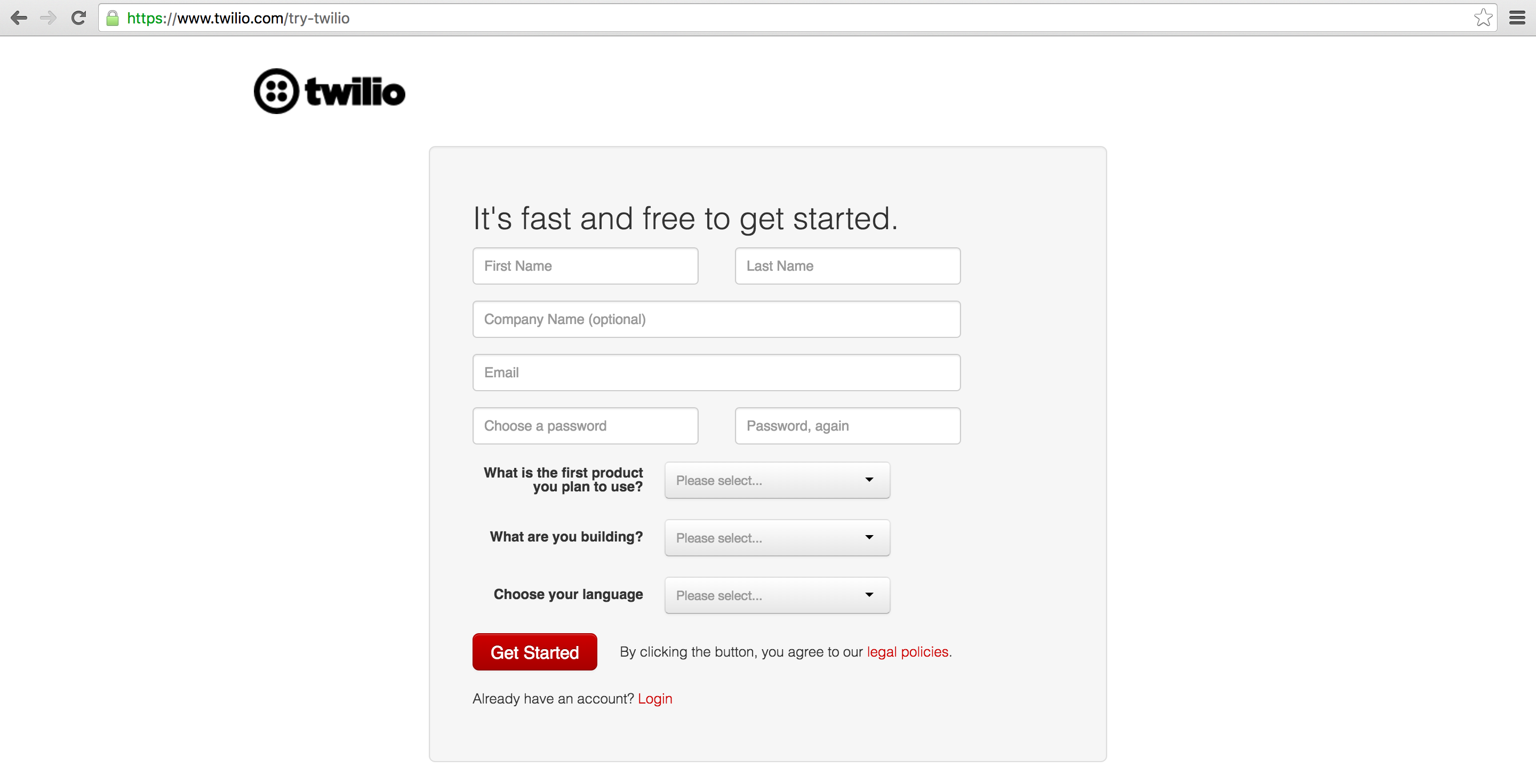 Twilio sign up screen.
