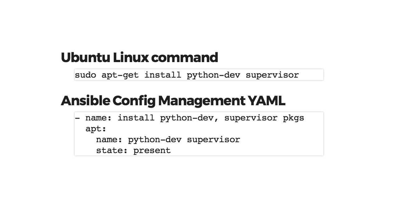 通过 apt 安装软件包的 Ansible YAML 命令示例。