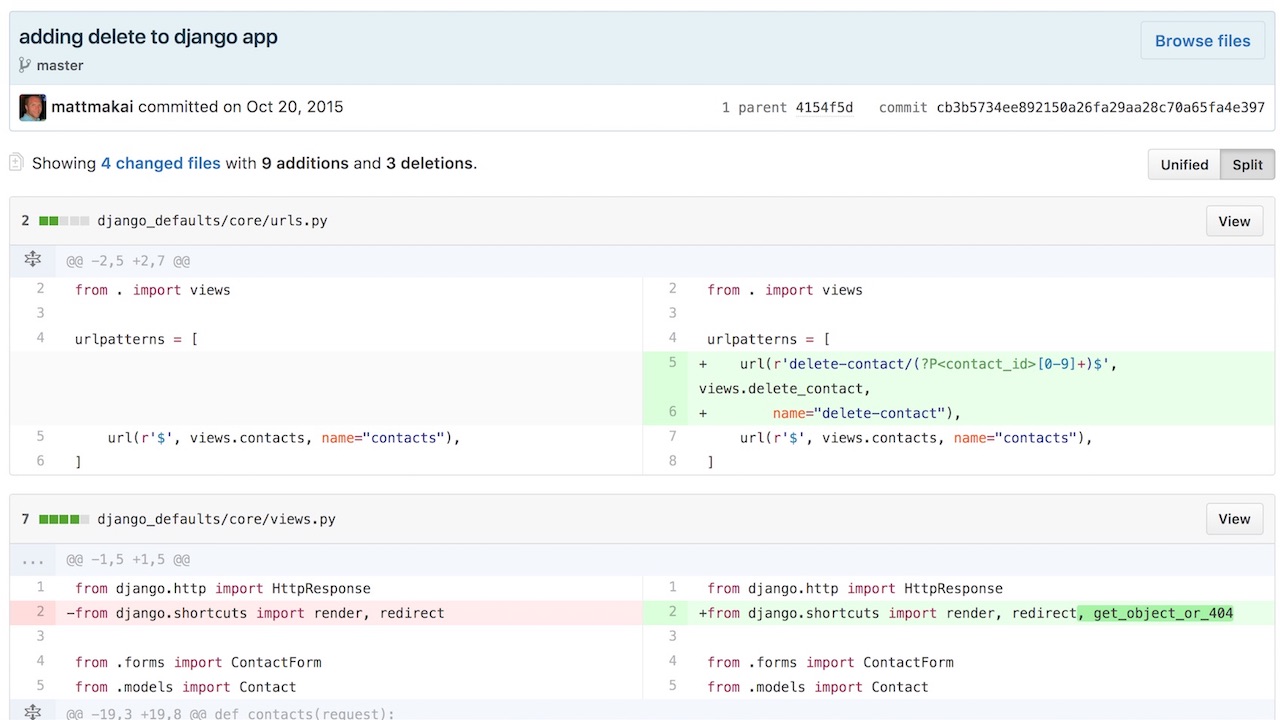 Diff two commits on GitHub.