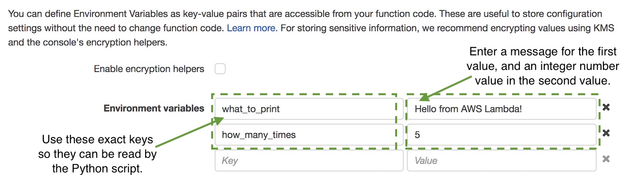 Enter the exact keys of what_to_print and how_many_times along with corresponding values as environment variables.