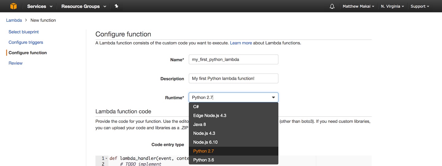 Enter a name, description and select Python 2.7 on the Lambda configuration screen.