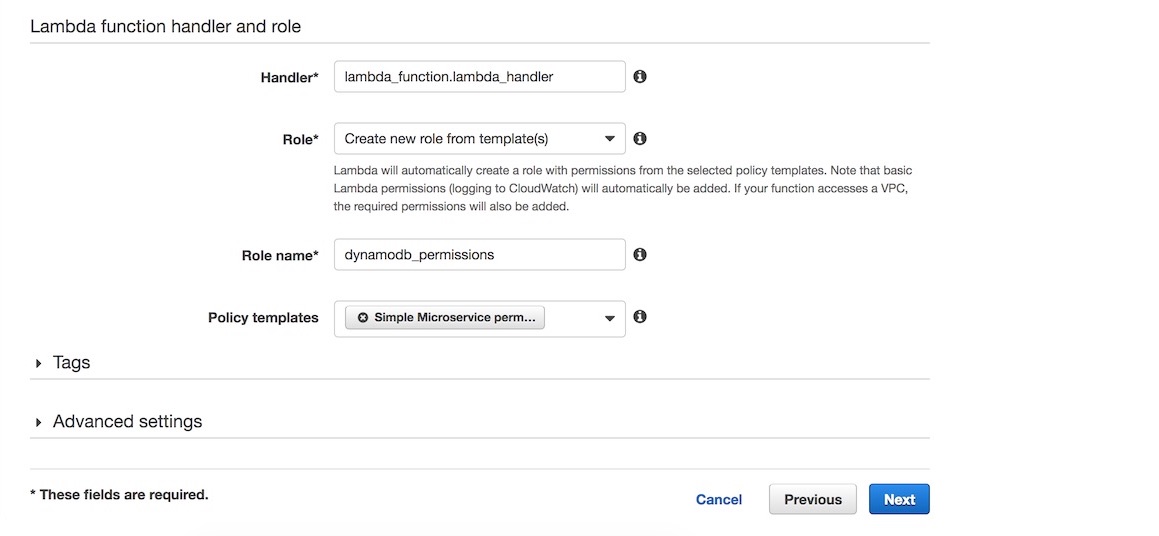 For the final configuration, keep the default handler, create a new role from a template for Simple Microservice permissions and save it with a unique name.