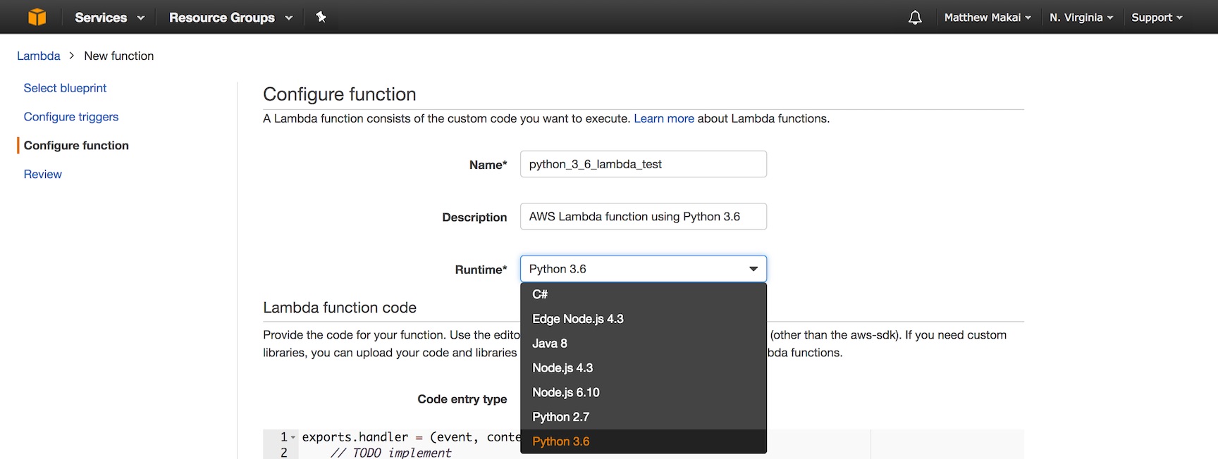 输入名称、描述并为 Lambda 使用 Python 3.6。