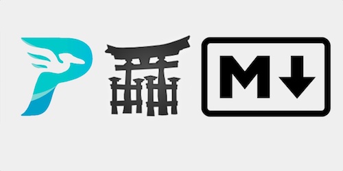 Pelican, Jinja2 and Markdown logos.