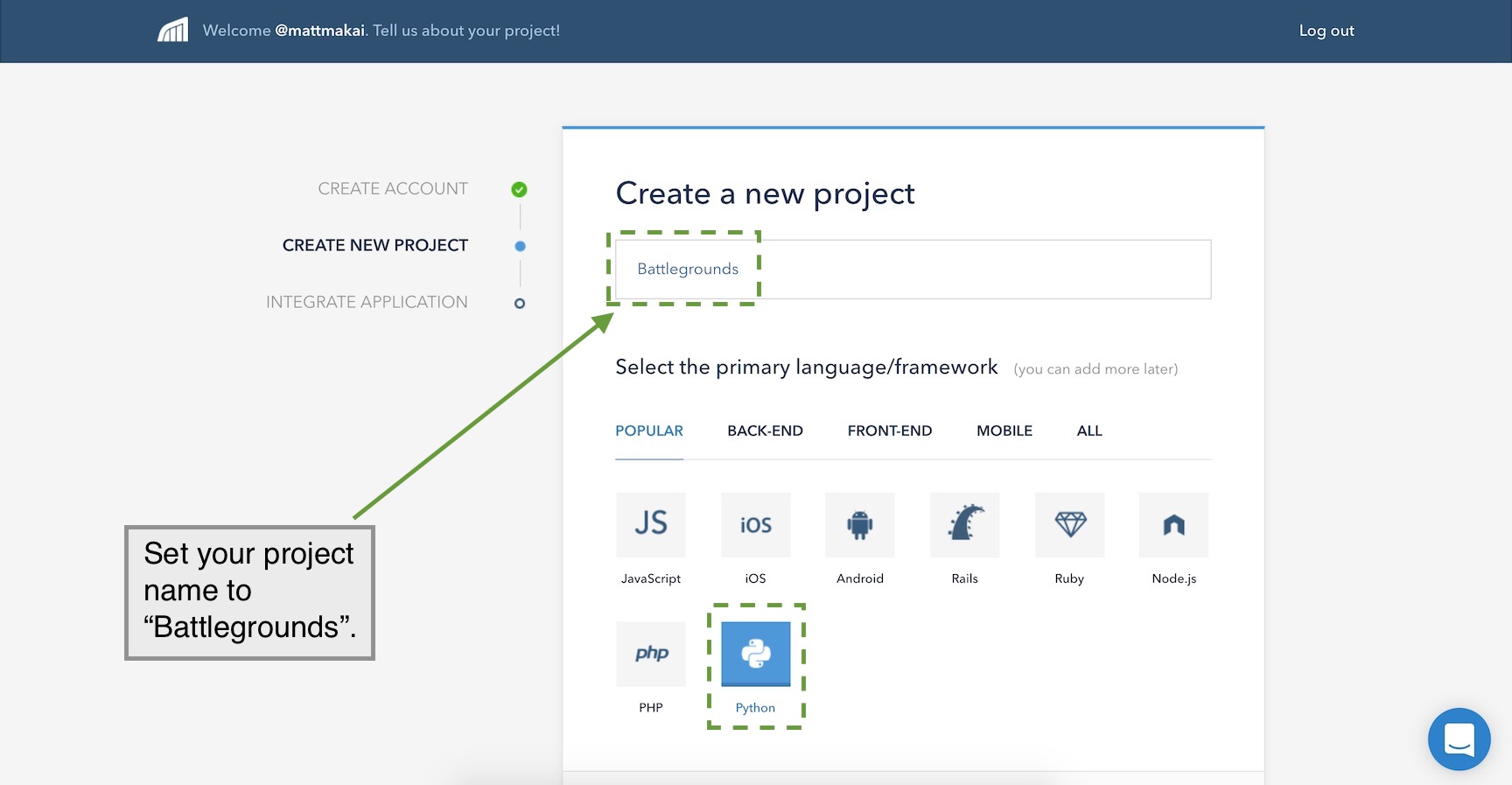 Create a new project named 'Battlegrounds' and select Python as the programming language.