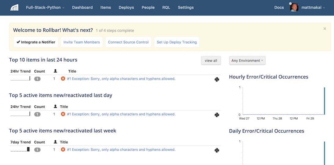 Viewing the 500 errors reported in the Rollbar dashboard.