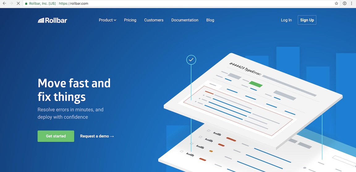 The Rollbar homepage in the Chrome web browser.