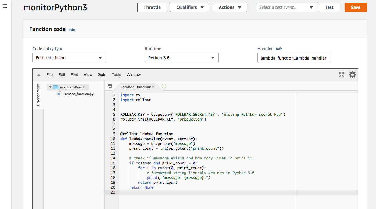 Lambda 函数中的 Python 3.6 代码。