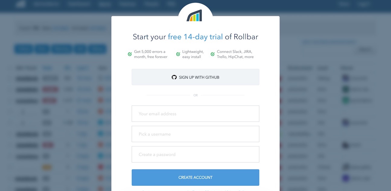 Signing up for a Rollbar account in your browser.