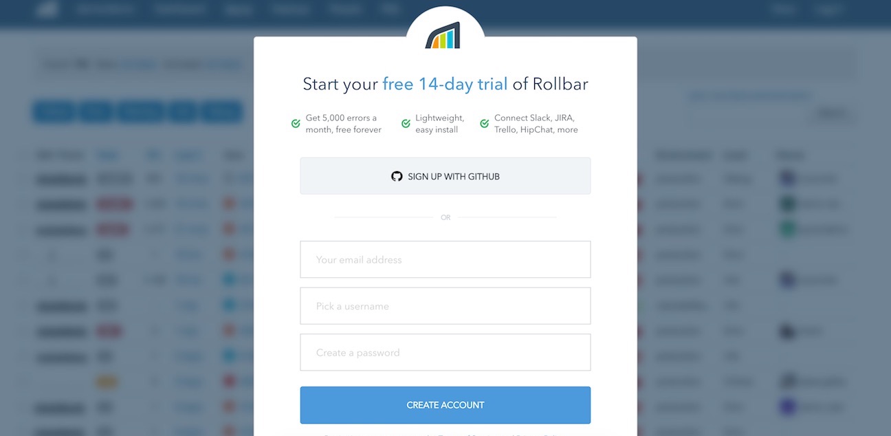 在您的浏览器中注册一个 Rollbar 帐户。