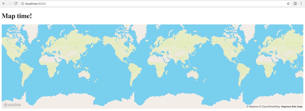 Screenshot of the Mapbox map showing up in our Django front end.