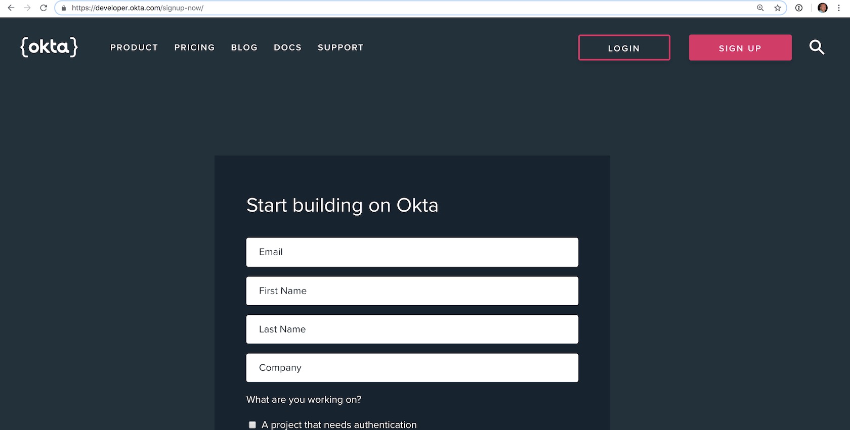 Okta developers landing page for signing up.
