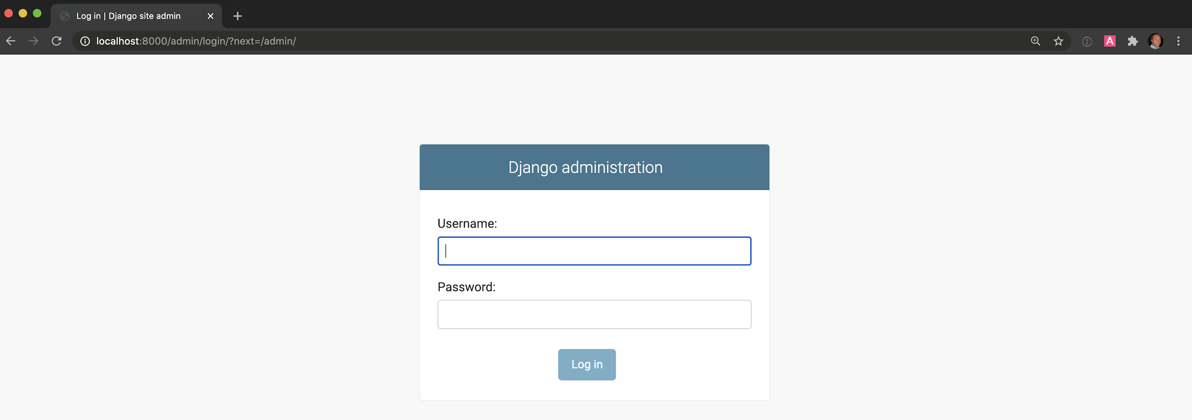 Django admin default login screen.