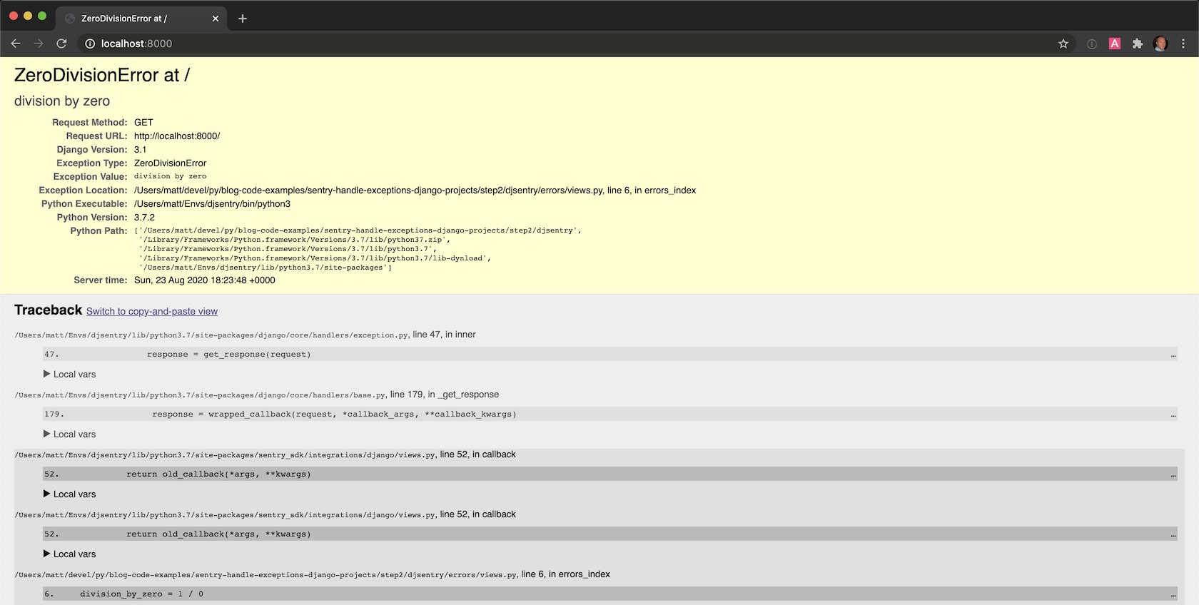 Django development mode debug page when the Exception occurs.