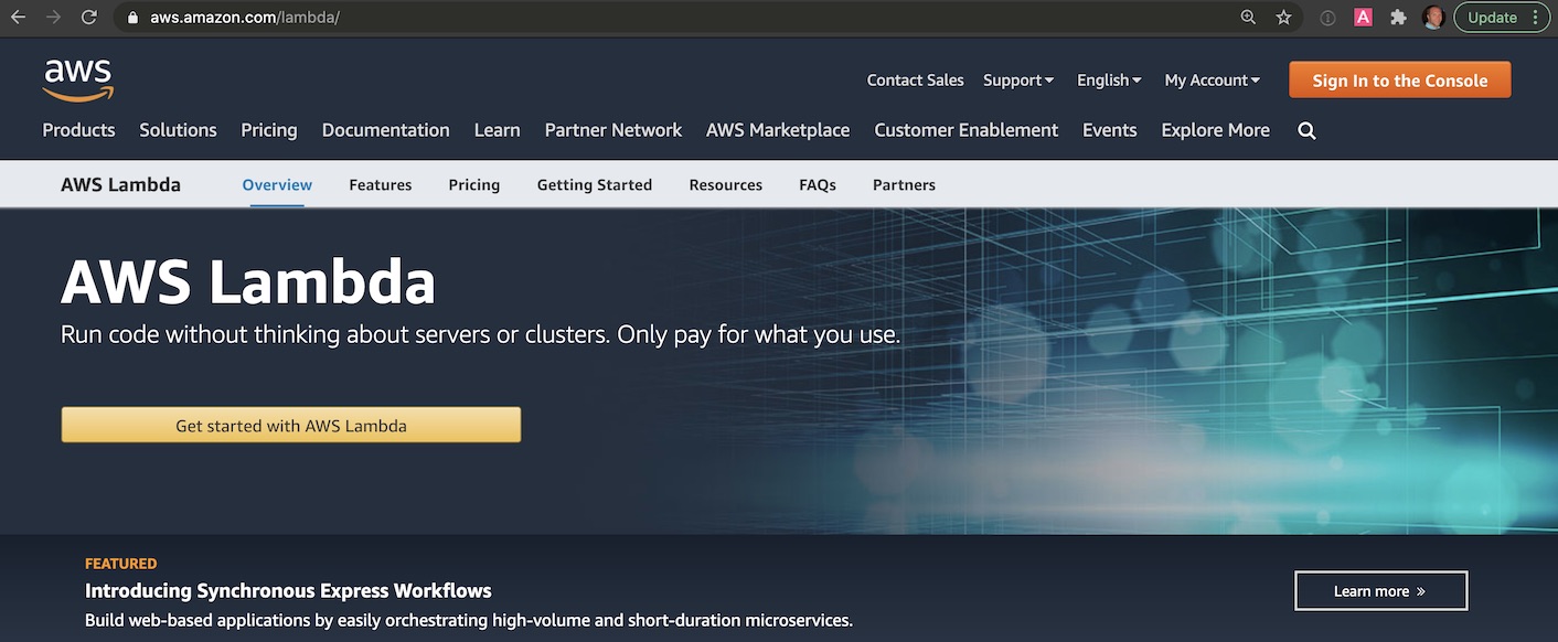 The AWS Lambda landing page.