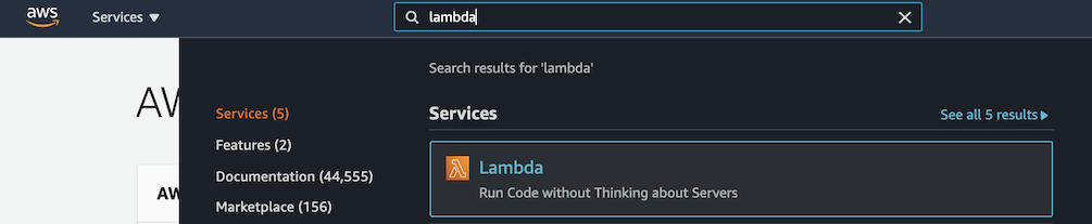 使用搜索栏查找 AWS Lambda。