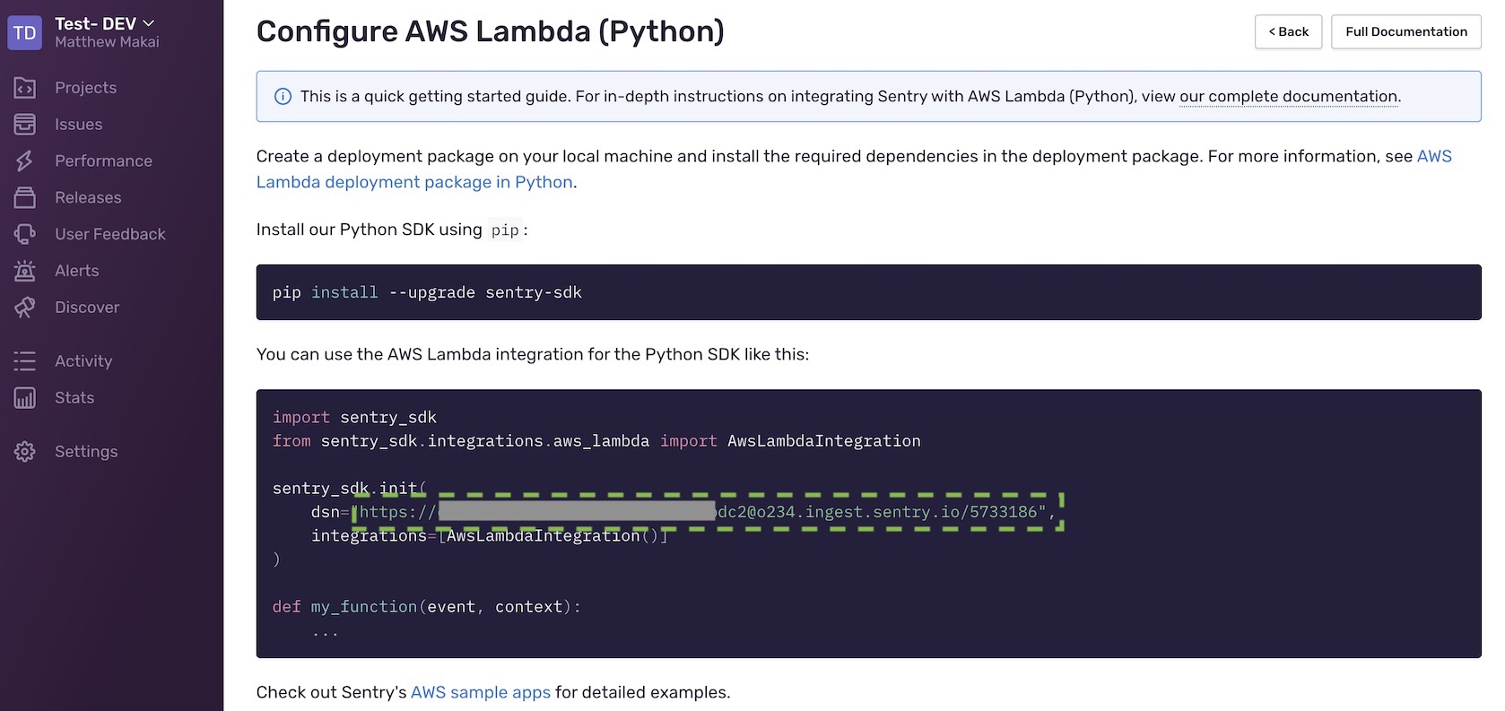 Copy the Sentry DSN string so we can export it as an environment variable.