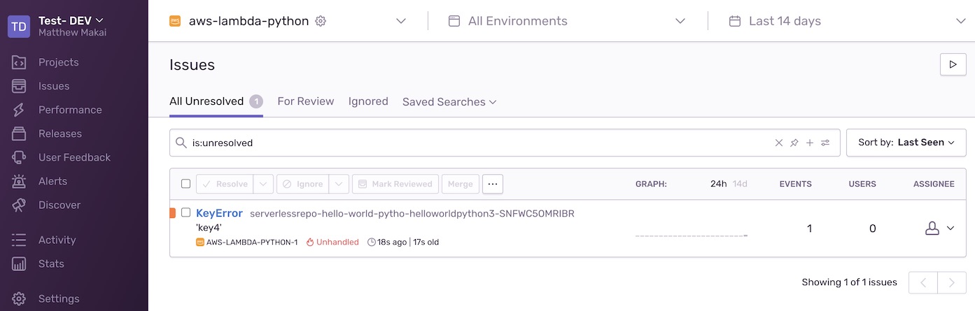 AWS Lambda exception in the Sentry dashboard.