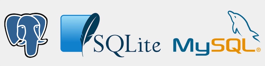 PostgreSQL, SQLite and MySQL logos, copyright their respective owners.