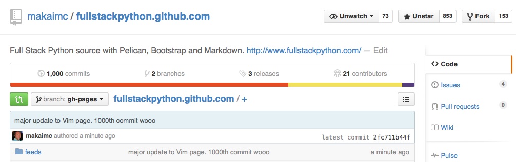 Screenshot of 1000th commit to Full Stack Python.