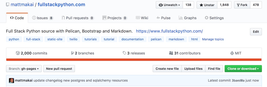 Screenshot of 2000th commit to Full Stack Python.