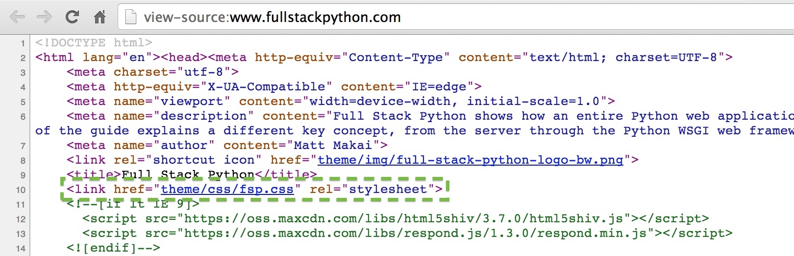View source screenshot for the fsp.css file in index.html.